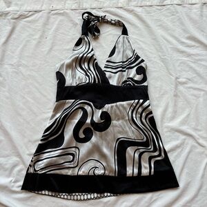 bebe vintage black and white geometric patterned halter neck tank top crop top